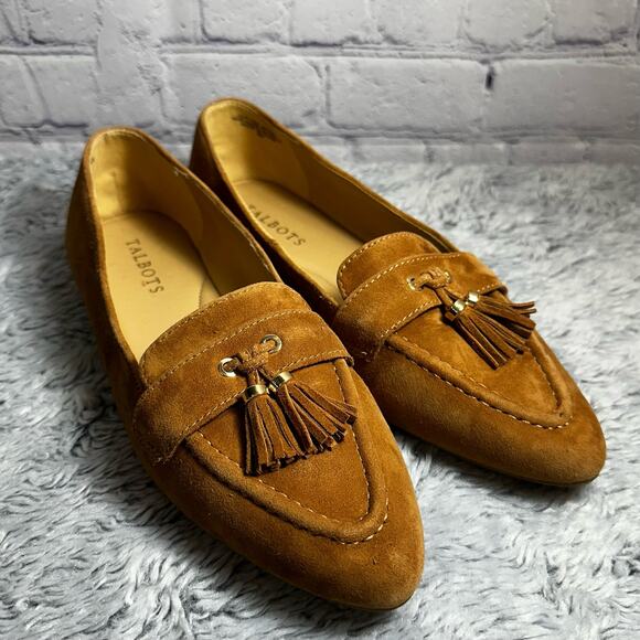 Talbots Tan Francesca Suede Driving Flats Pointed Toe Tassels Size 8M Loafers - Picture 1 of 9